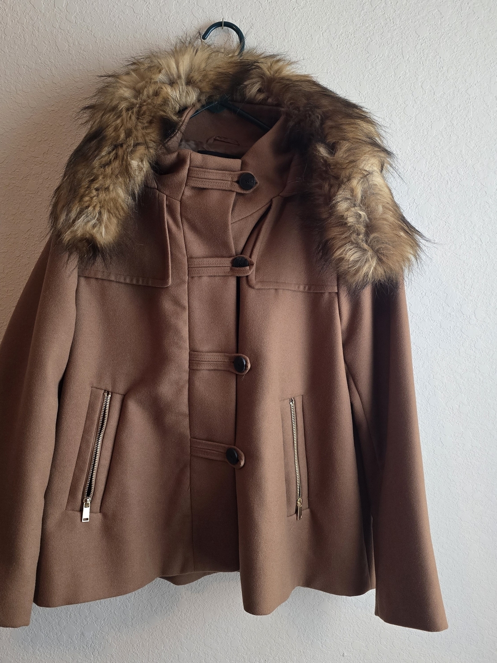 Zara Women’s Faux-Fur Trim Brown Pea Coat